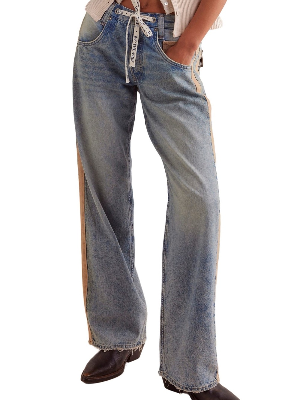 We The Free Zambi Slouchy Boyfriend Jeans in Faded Blue with Tan Stripes